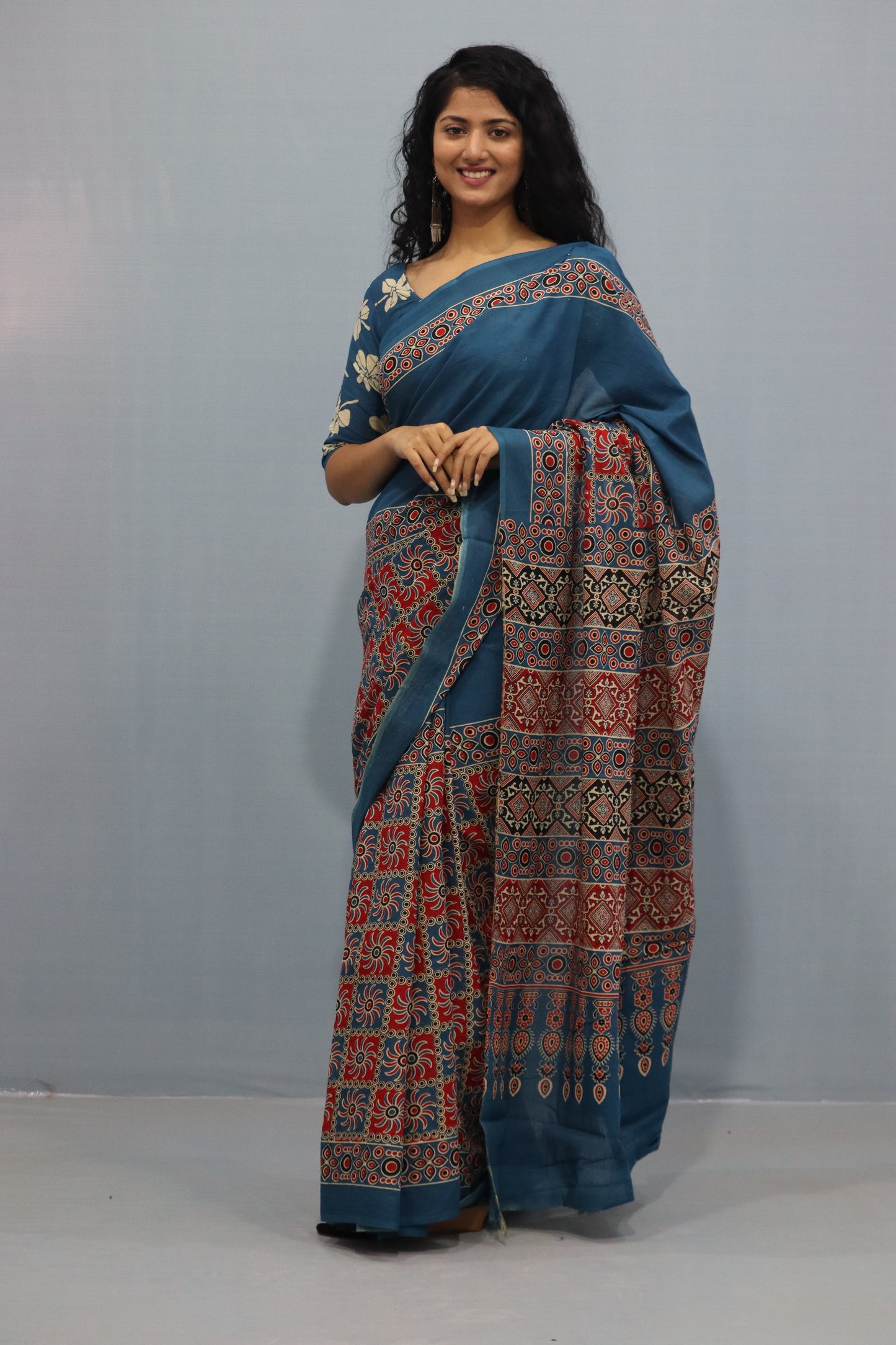Printed Ajrak Print Cotton MulMul Saree