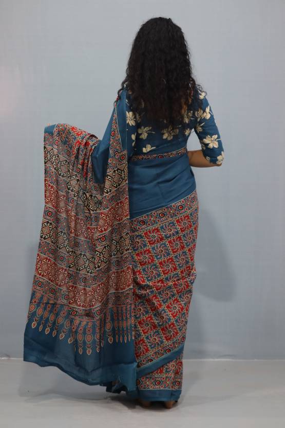 Printed Ajrak Print Cotton MulMul Saree