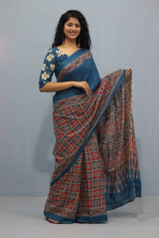 Printed Ajrak Print Cotton MulMul Saree
