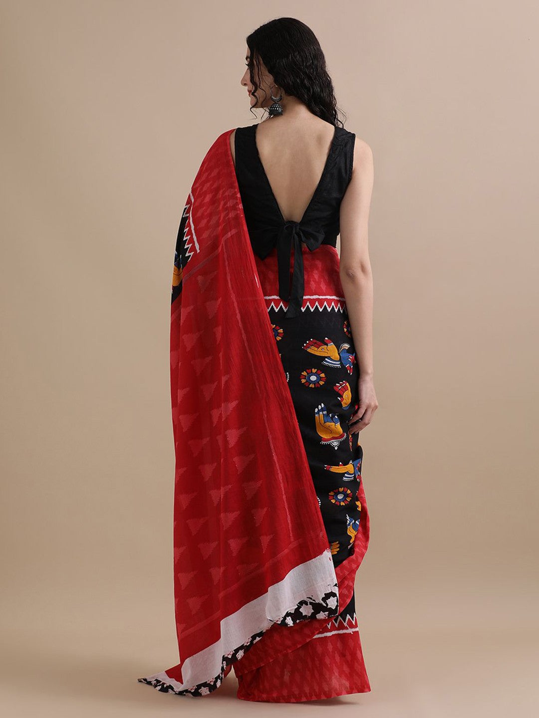 Printed Red Ikkat Print Cotton MulMul Saree