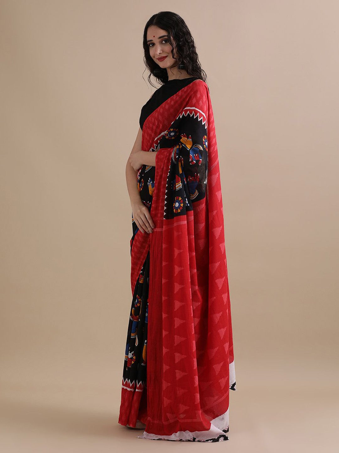 Printed Red Ikkat Print Cotton MulMul Saree