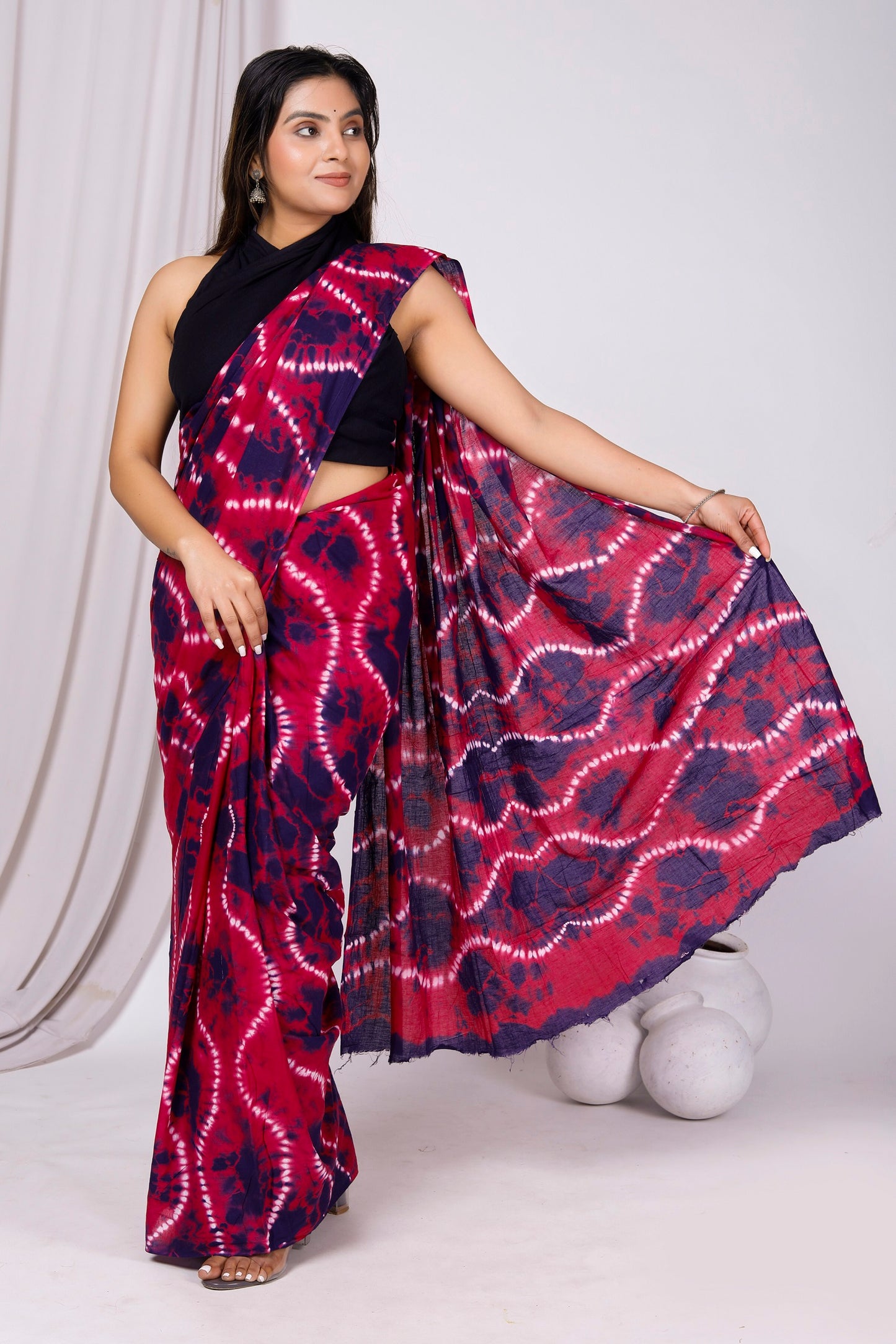 Printed Pink Shibori Print Cotton MulMul Saree