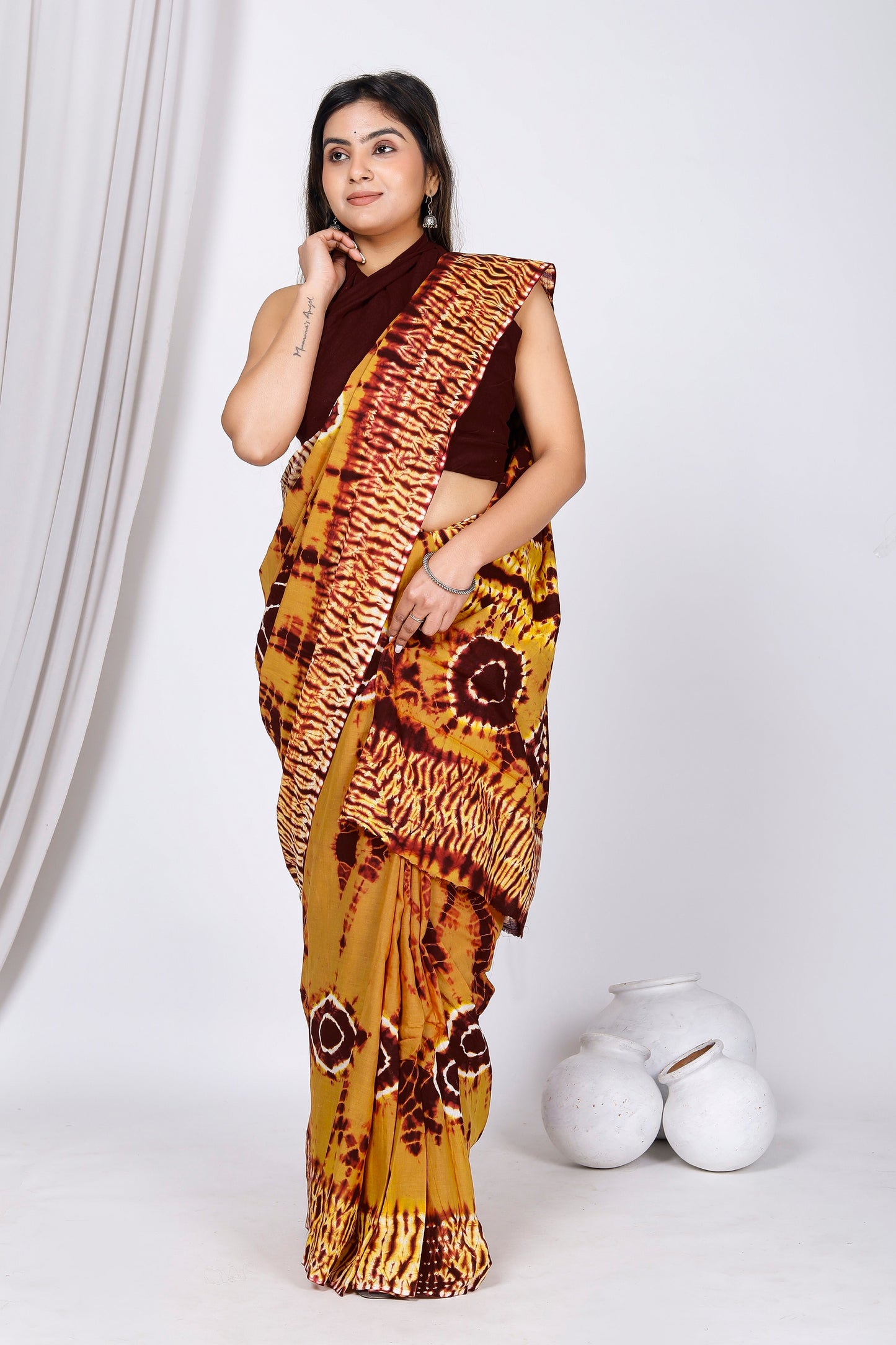 Printed Yellow Shibori Print Cotton MulMul Saree
