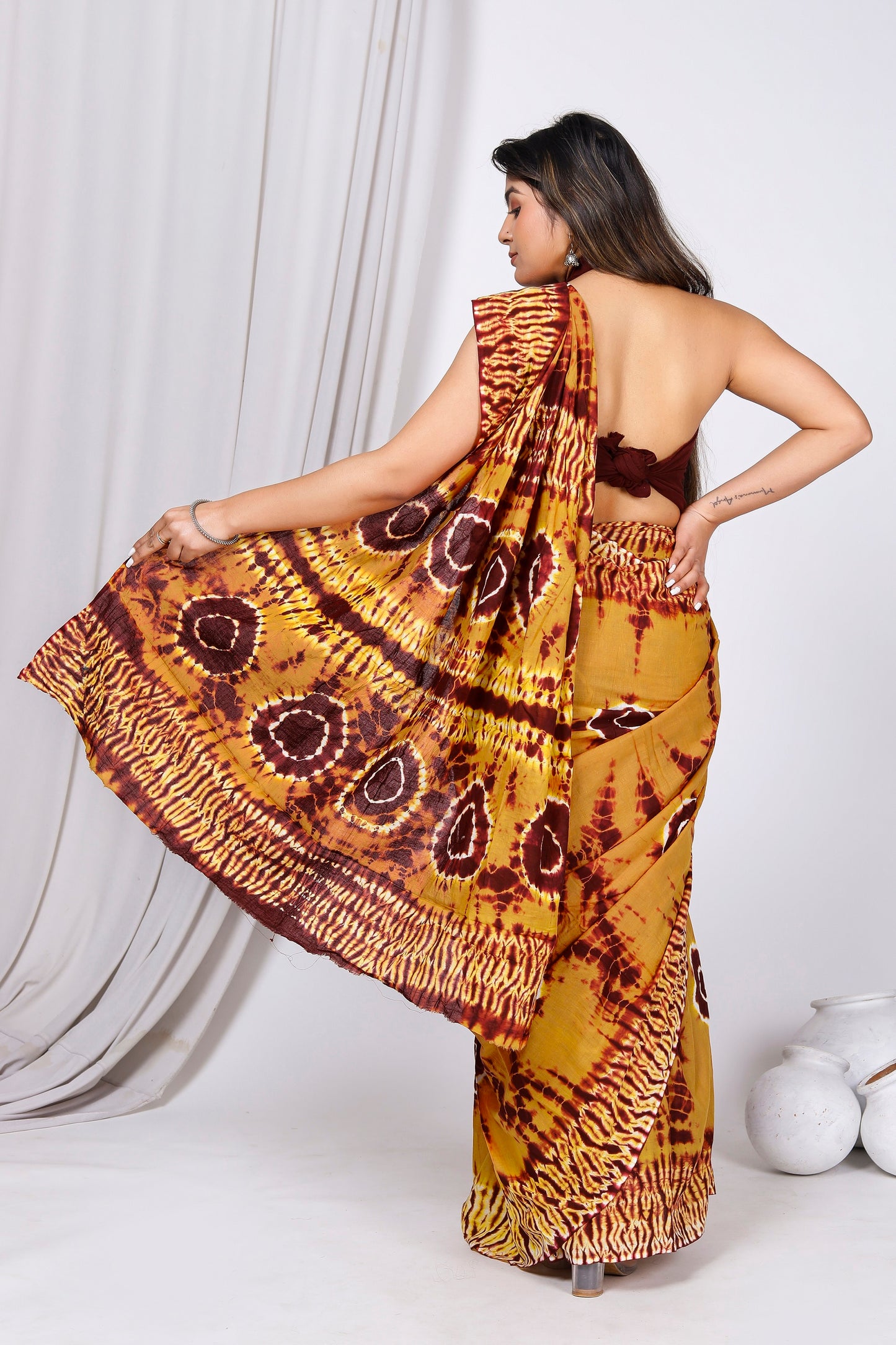 Printed Yellow Shibori Print Cotton MulMul Saree