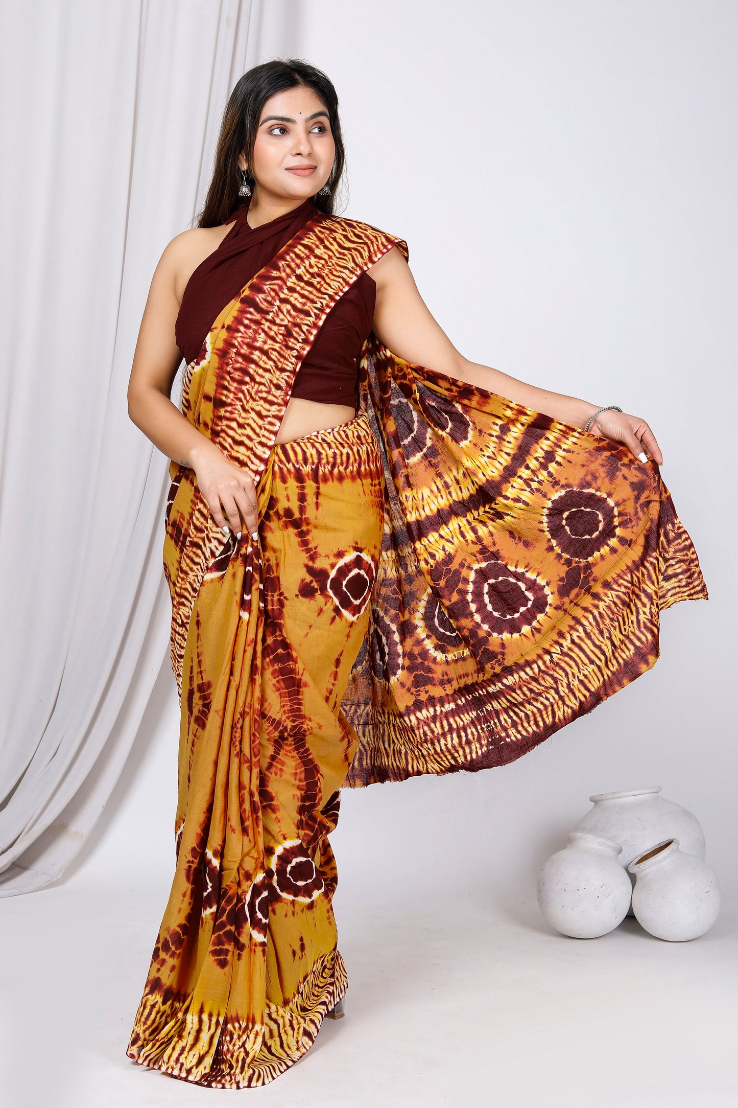 Printed Yellow Shibori Print Cotton MulMul Saree
