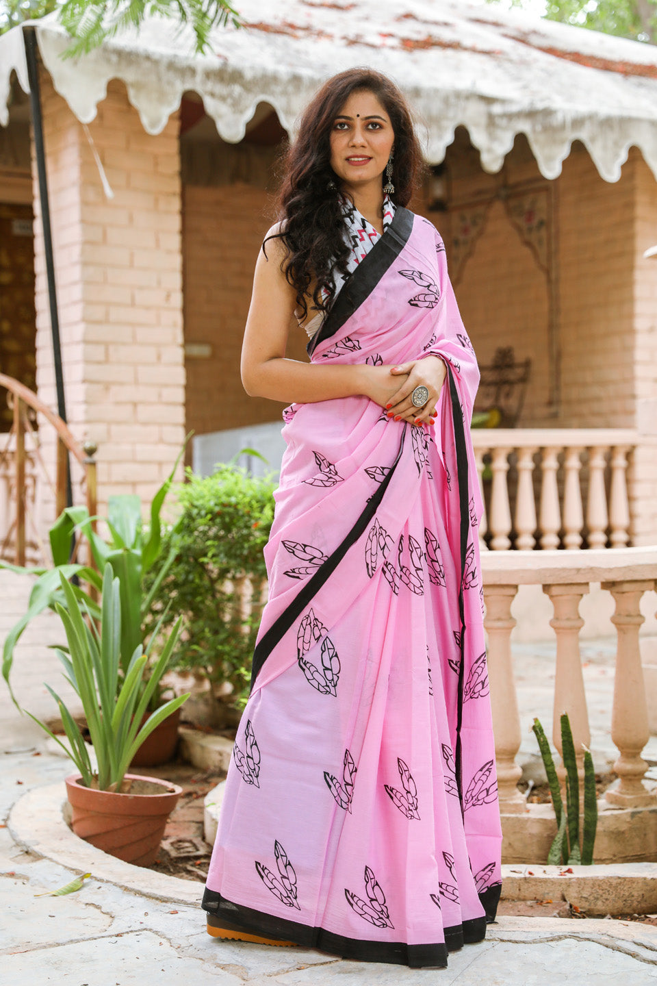 Cotton MulMul Pink Printed Sarees