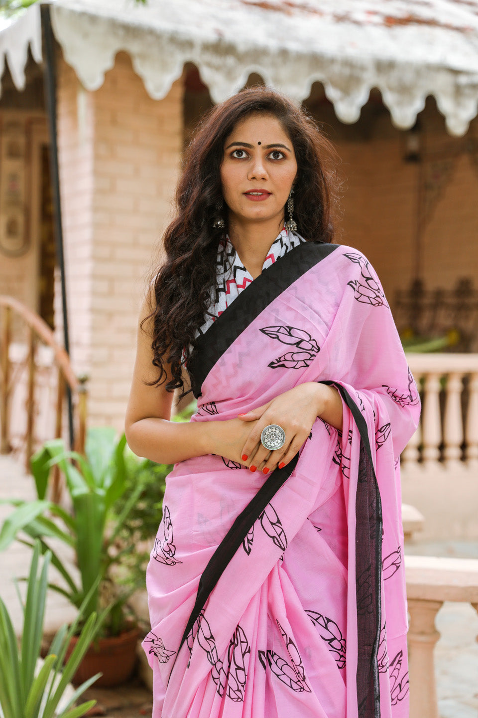 Cotton MulMul Pink Printed Sarees