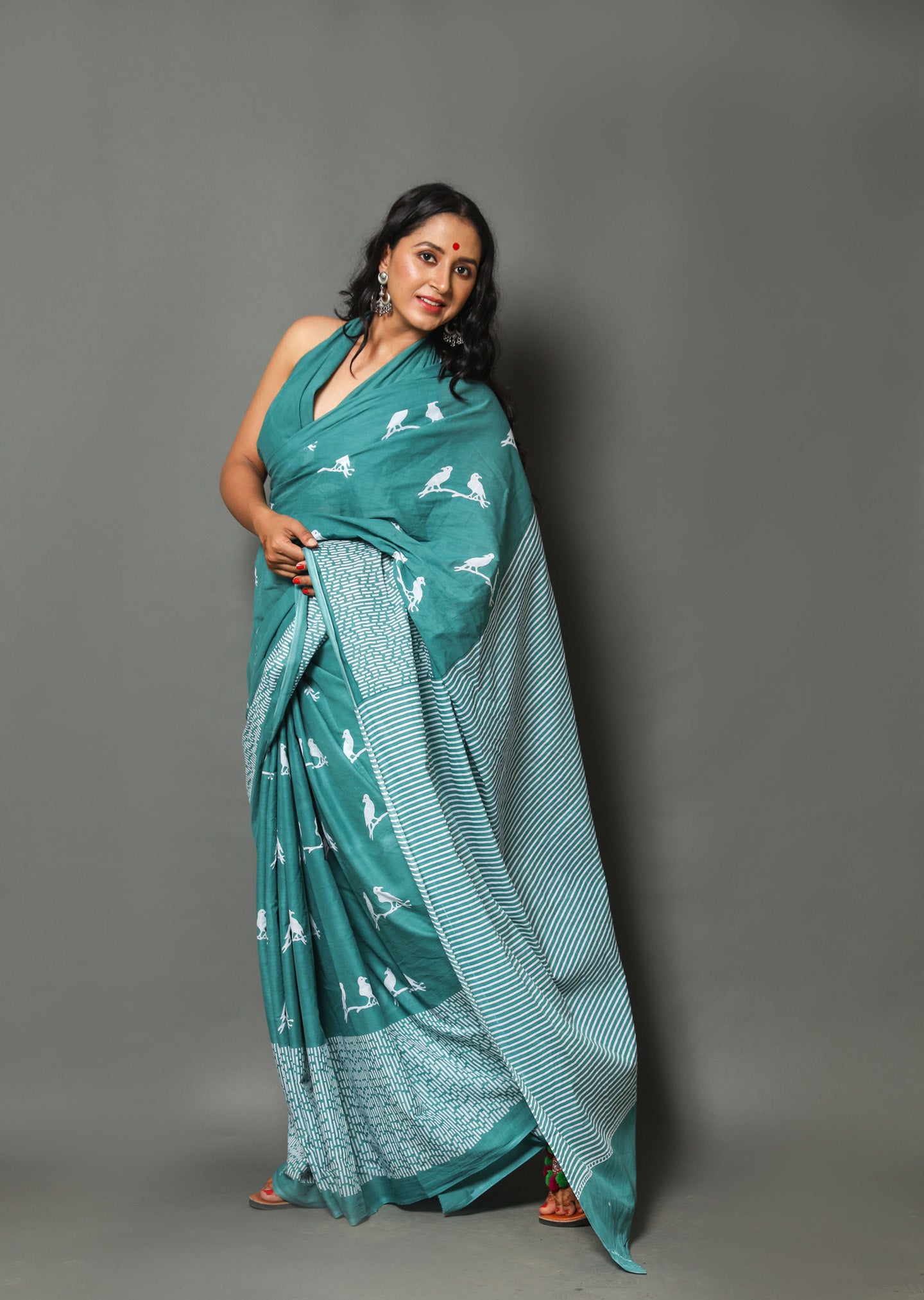Cotton MulMul Sea Green Printed Sarees