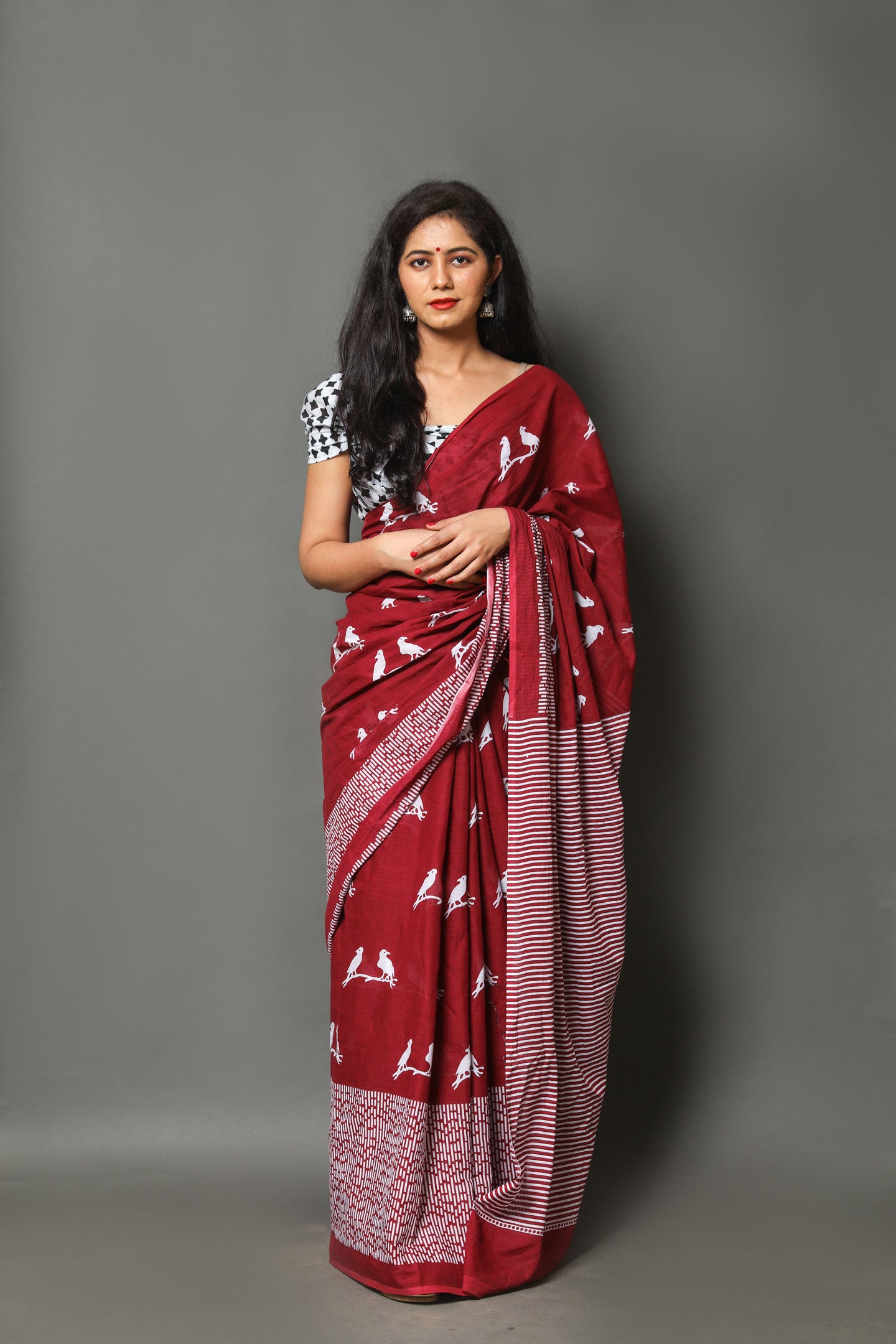 Cotton MulMul Maroon Printed Sarees