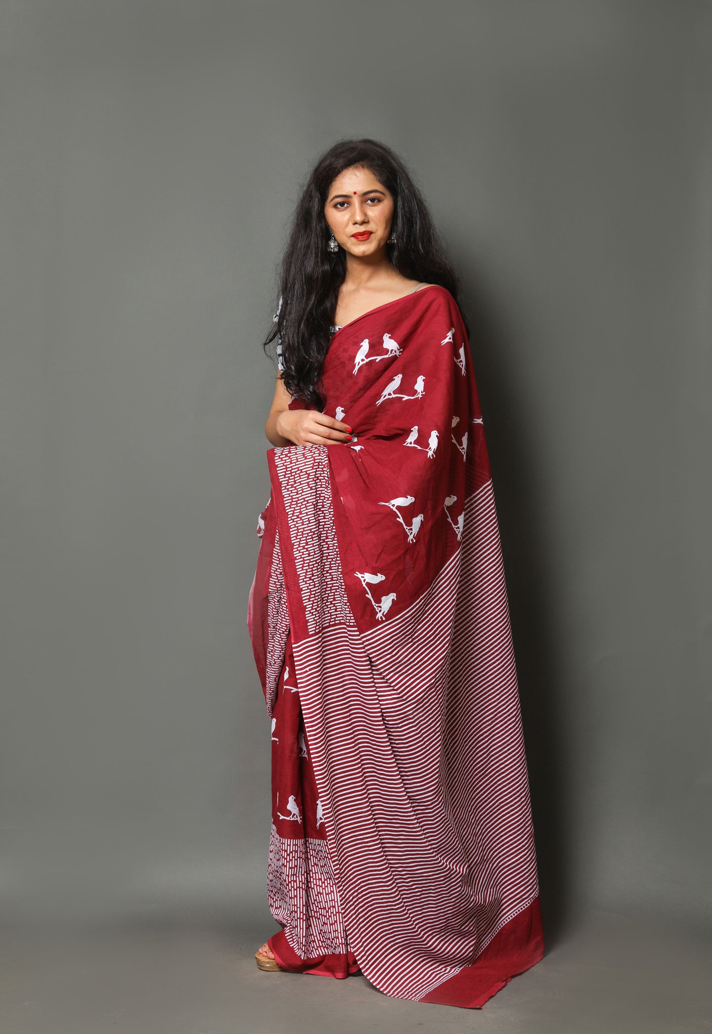 Cotton MulMul Maroon Printed Sarees