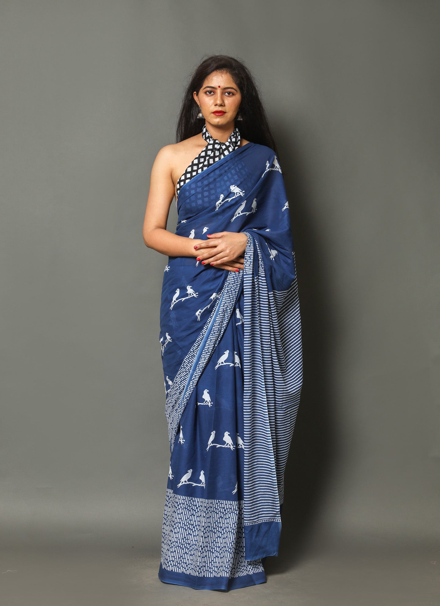 Cotton MulMul Blue Printed Sarees