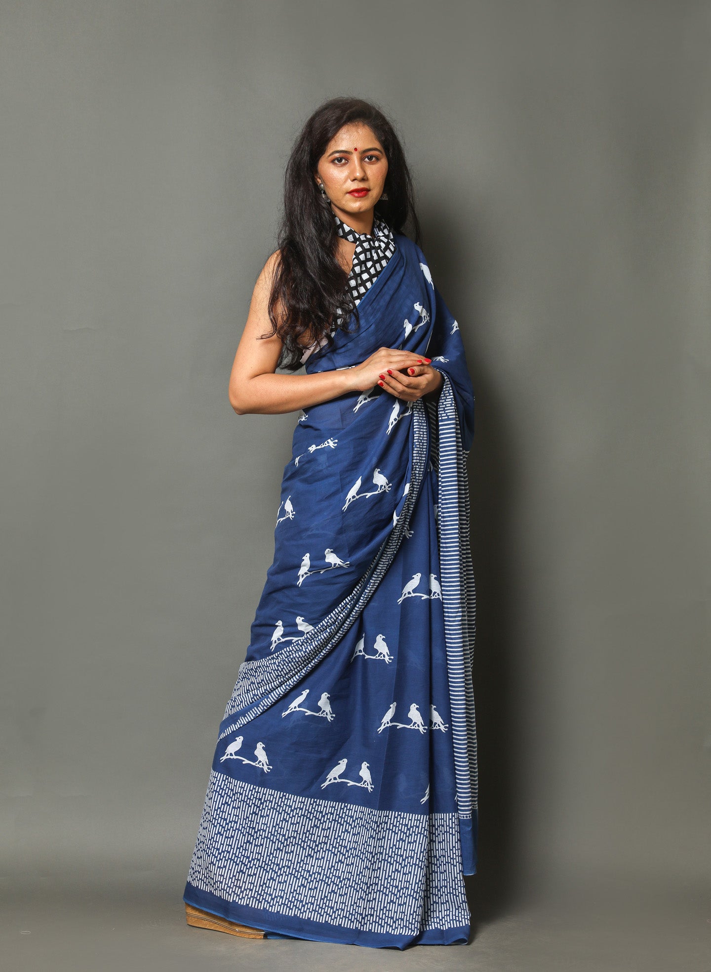 Cotton MulMul Blue Printed Sarees