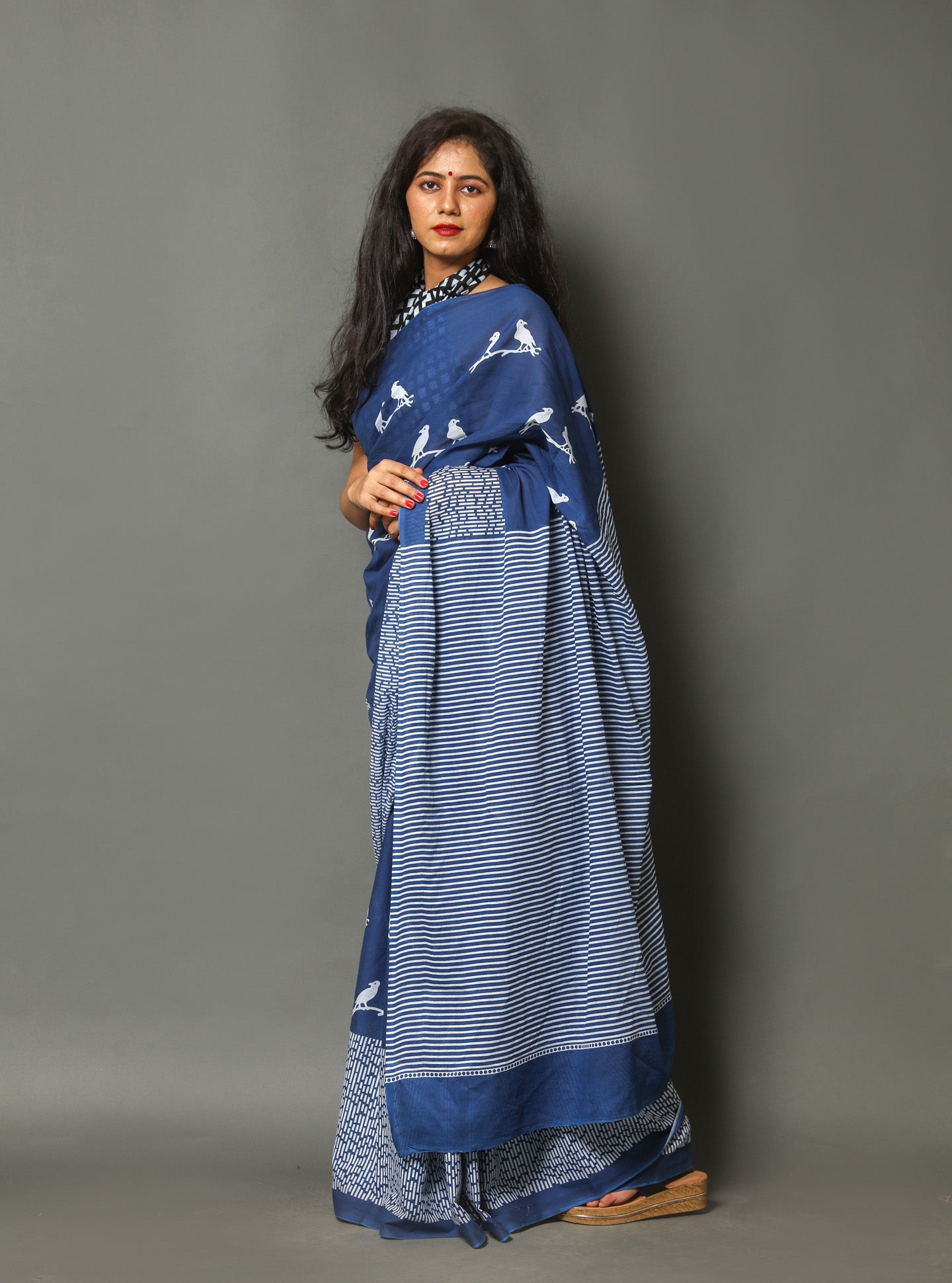 Cotton MulMul Blue Printed Sarees