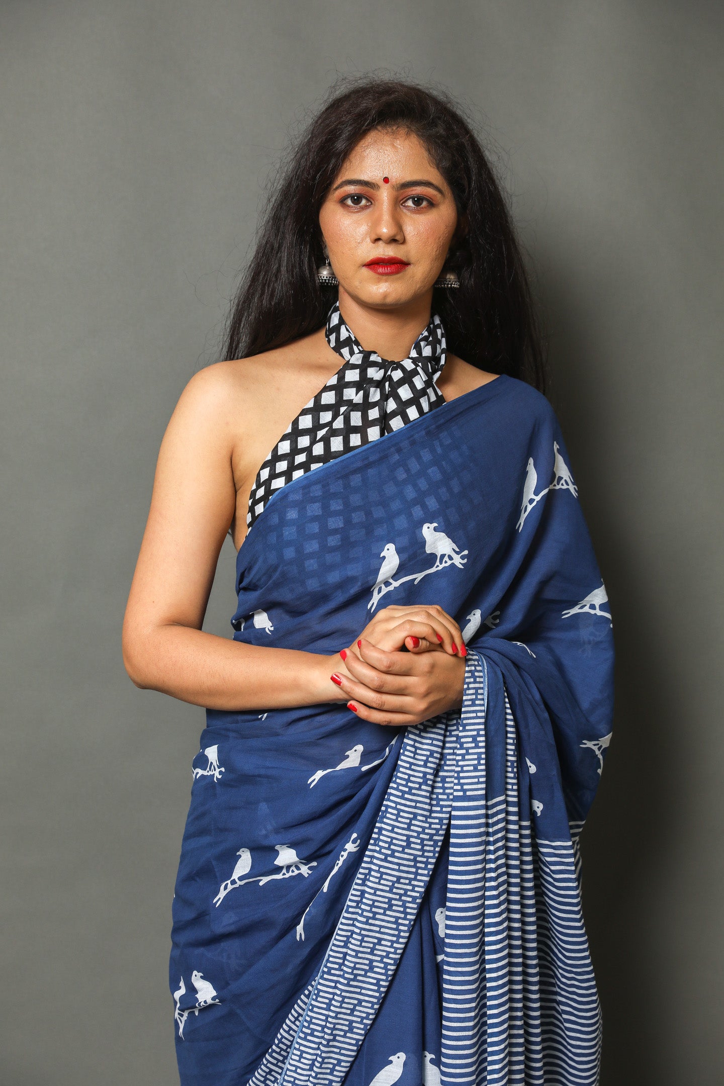 Cotton MulMul Blue Printed Sarees