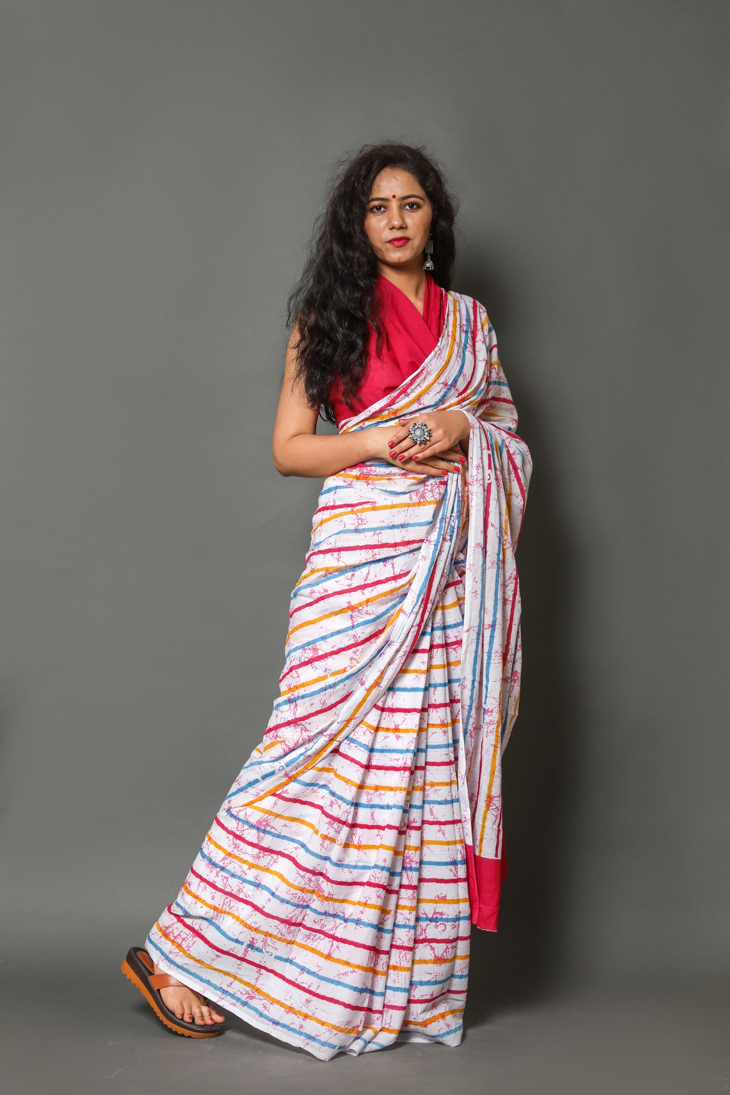 Cotton MulMul Multi Strips Printed Sarees