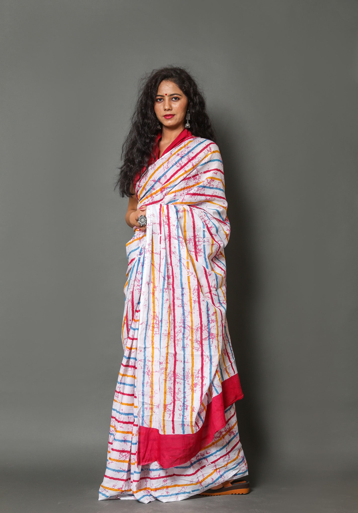 Cotton MulMul Multi Strips Printed Sarees