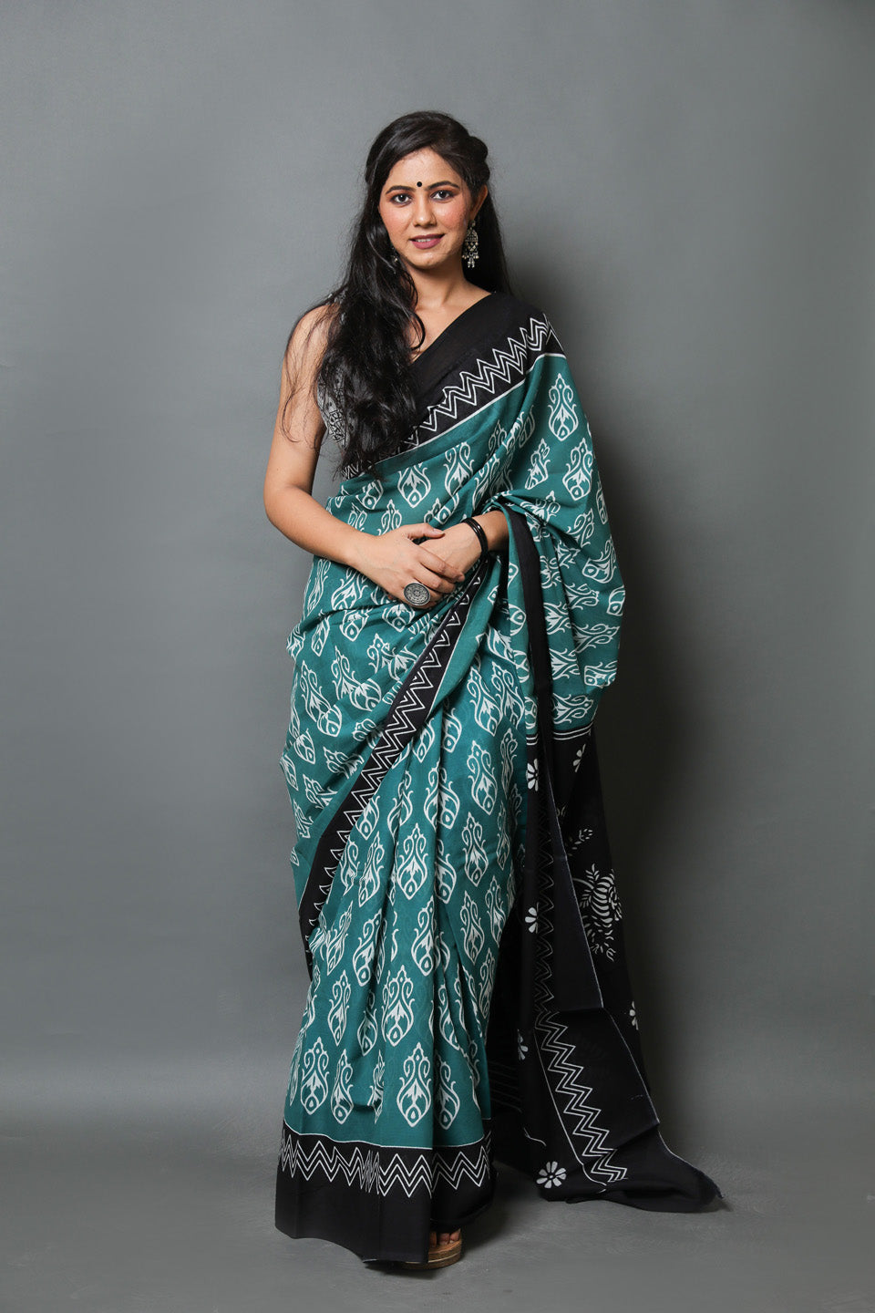 Printed Blue Ikkat Print Cotton MulMul Saree