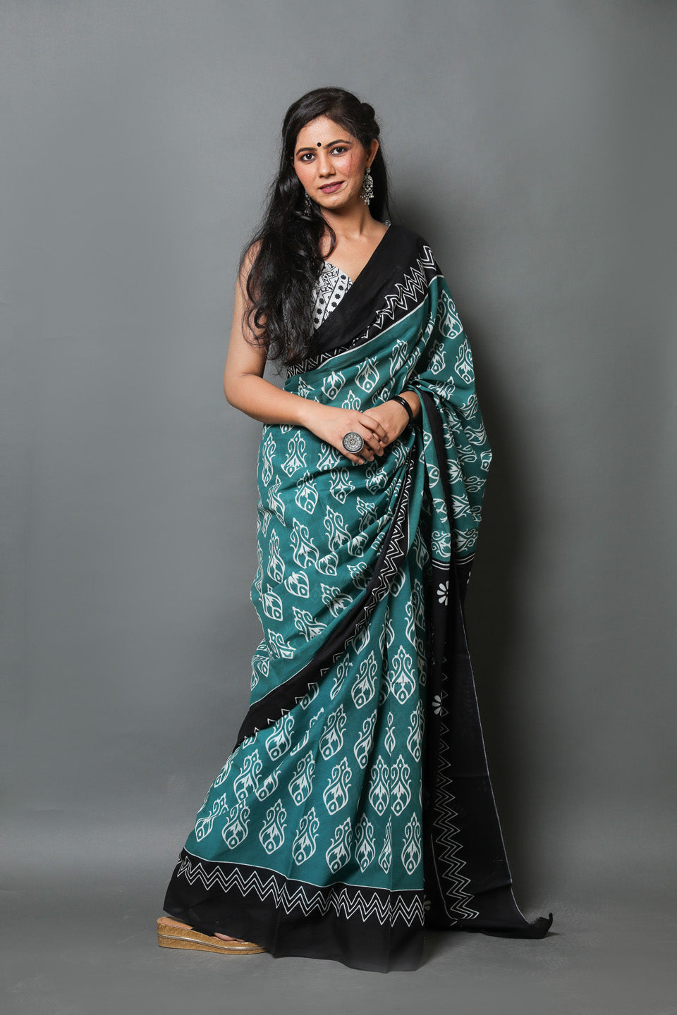 Printed Blue Ikkat Print Cotton MulMul Saree