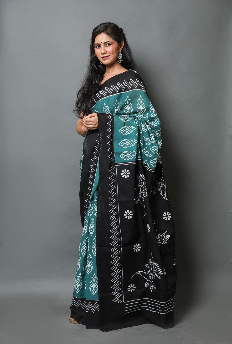 Printed Blue Ikkat Print Cotton MulMul Saree
