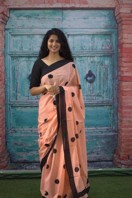 Cotton MulMul Peach Polka Printed Sarees