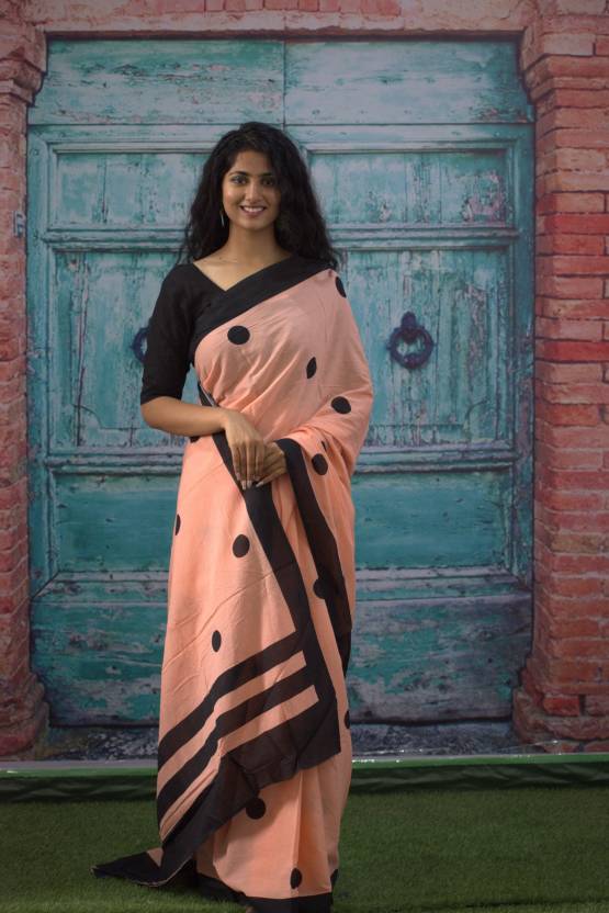 Cotton MulMul Peach Polka Printed Sarees