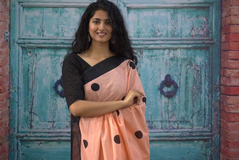 Cotton MulMul Peach Polka Printed Sarees