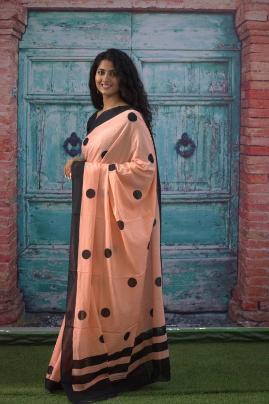 Cotton MulMul Peach Polka Printed Sarees