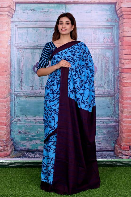 Cotton MulMul Blue Printed Sarees