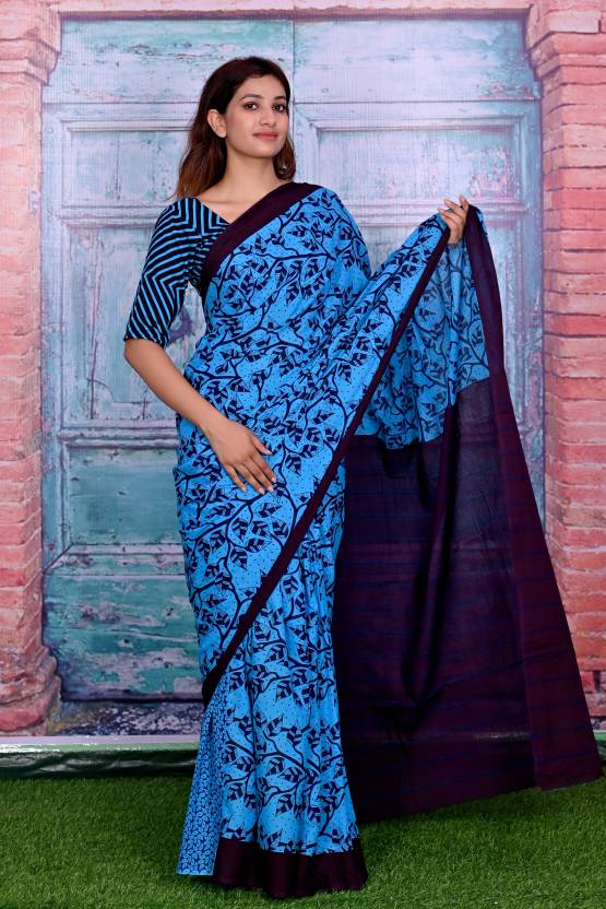 Cotton MulMul Blue Printed Sarees
