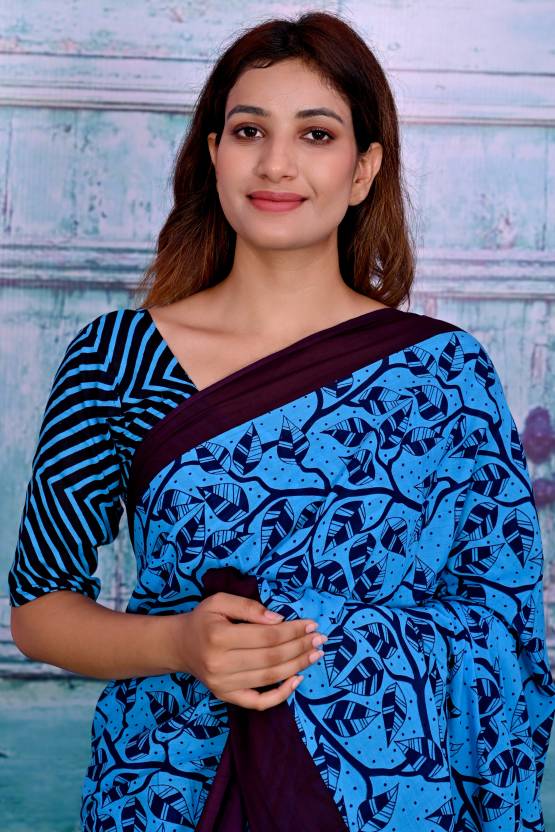 Cotton MulMul Blue Printed Sarees