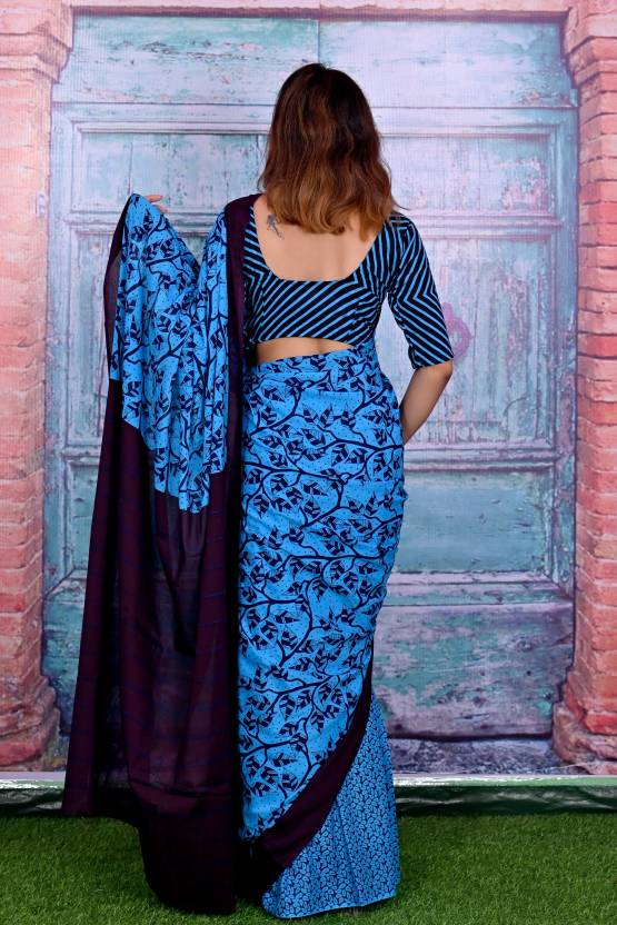 Cotton MulMul Blue Printed Sarees