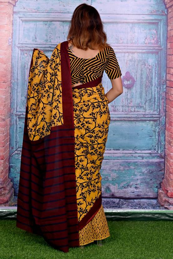 Cotton MulMul Yellow Printed Sarees