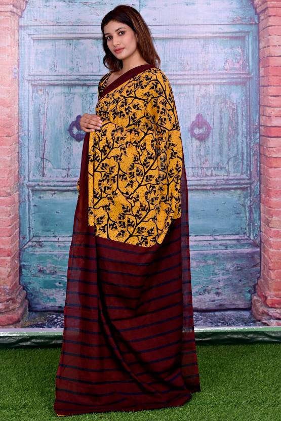 Cotton MulMul Yellow Printed Sarees