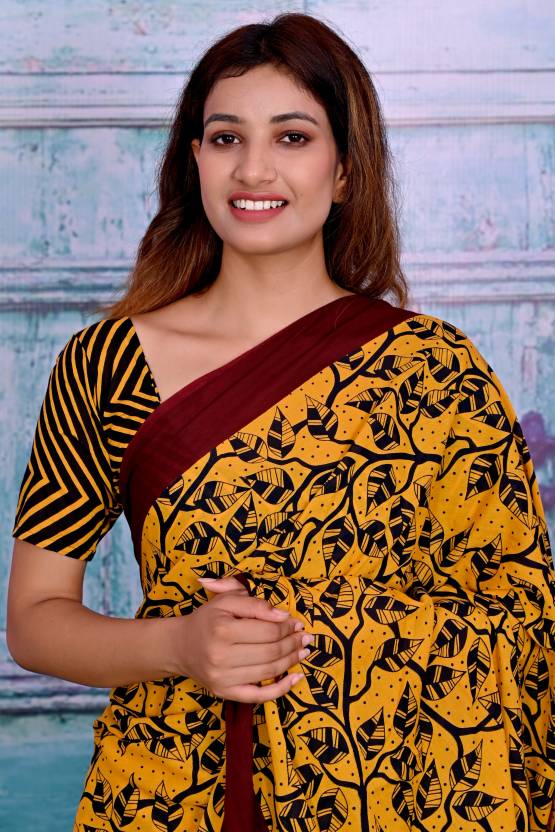 Cotton MulMul Yellow Printed Sarees