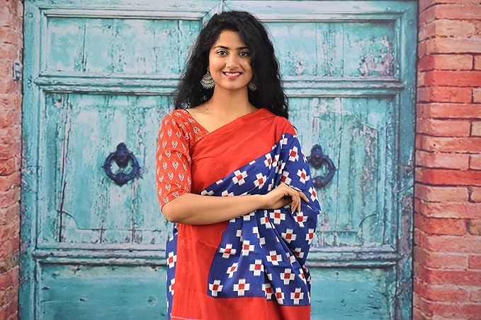 Printed Red Ikkat Print Cotton MulMul Saree