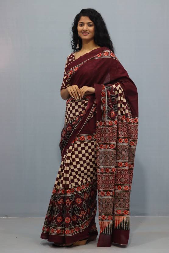 Printed Maroon Ajrak Print Cotton MulMul Saree