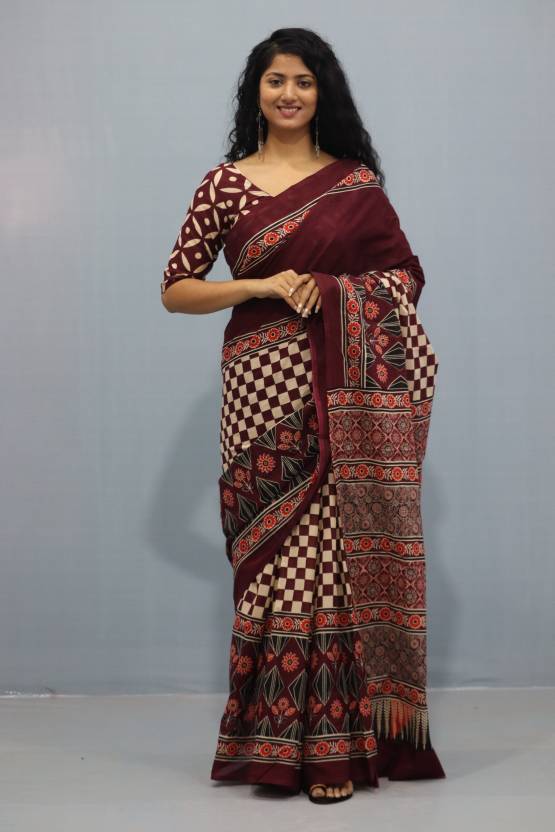 Printed Maroon Ajrak Print Cotton MulMul Saree
