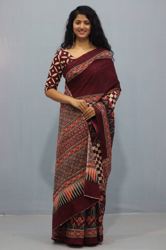 Printed Maroon Ajrak Print Cotton MulMul Saree