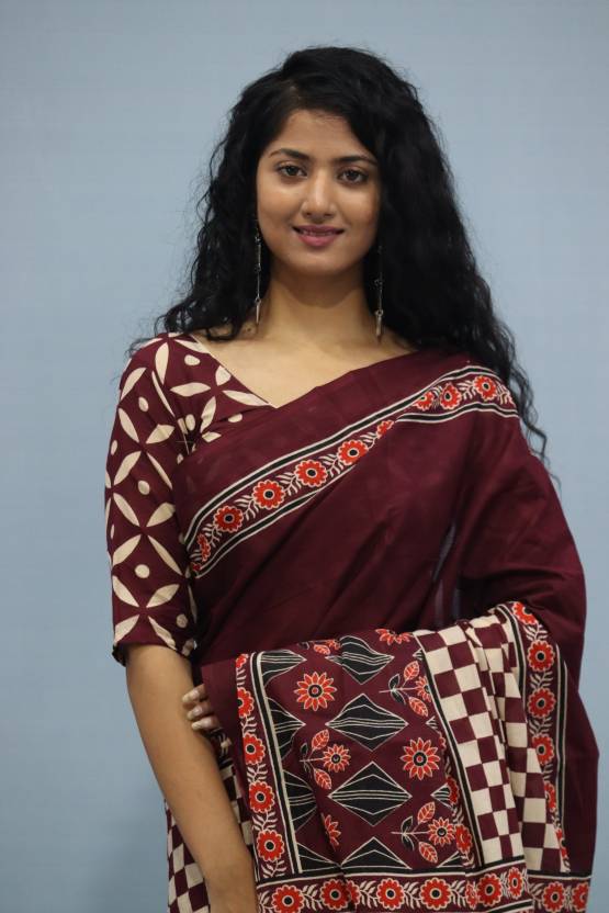 Printed Maroon Ajrak Print Cotton MulMul Saree