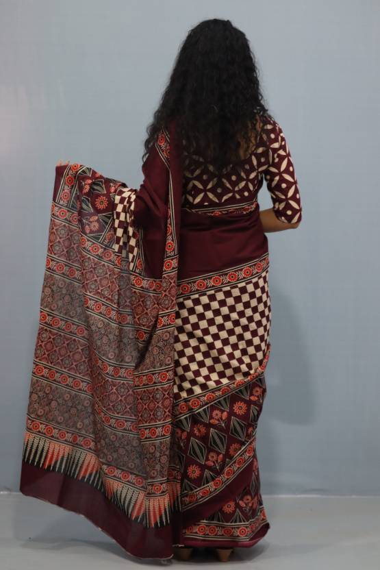 Printed Maroon Ajrak Print Cotton MulMul Saree