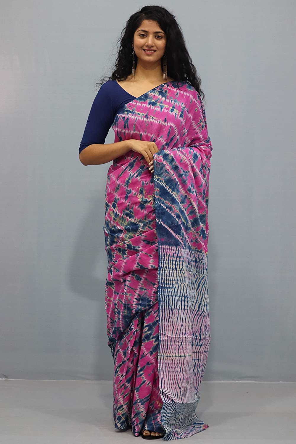 Printed Pink Shibori Print Cotton MulMul Saree
