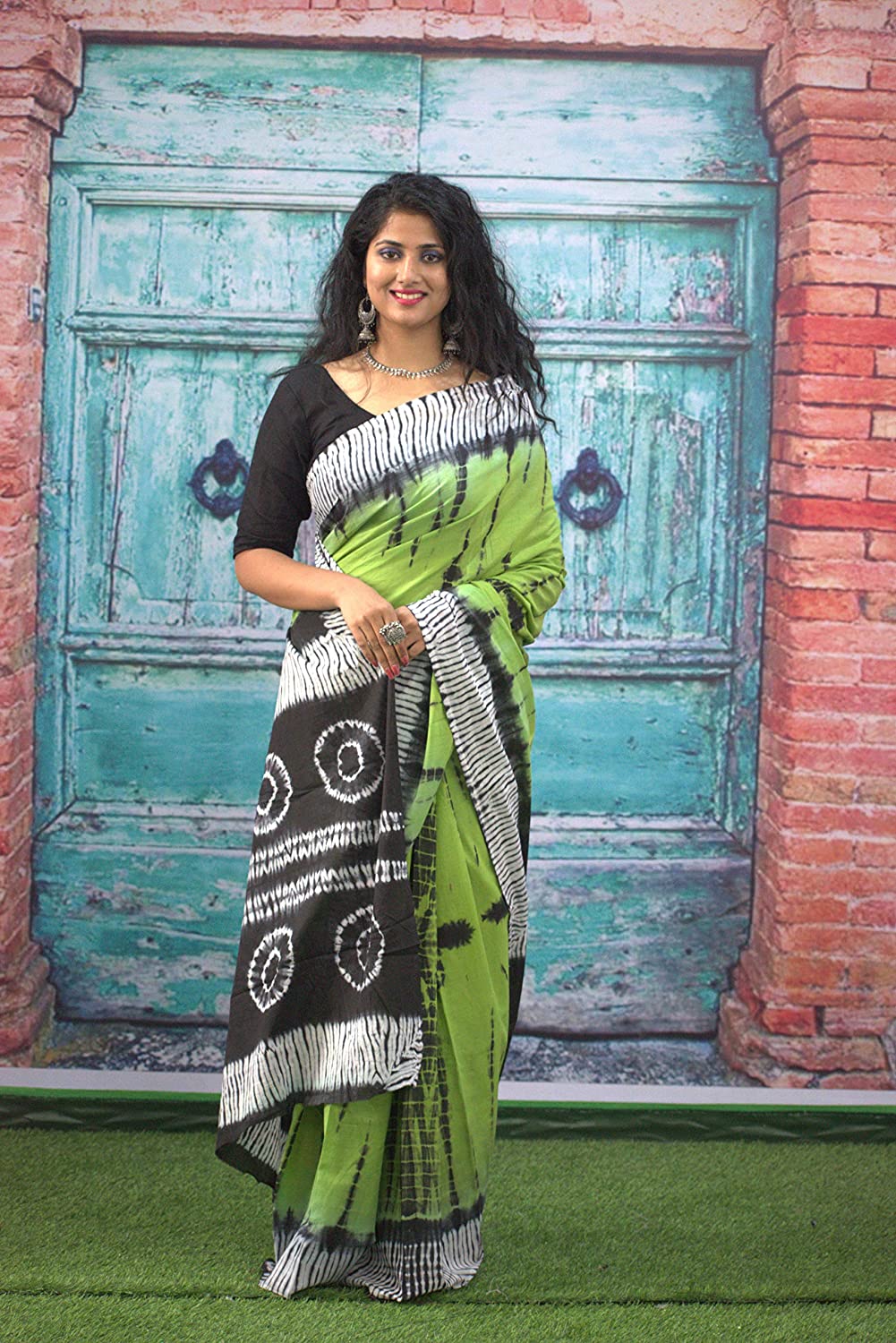 Printed Green Shibori Print Cotton MulMul Saree