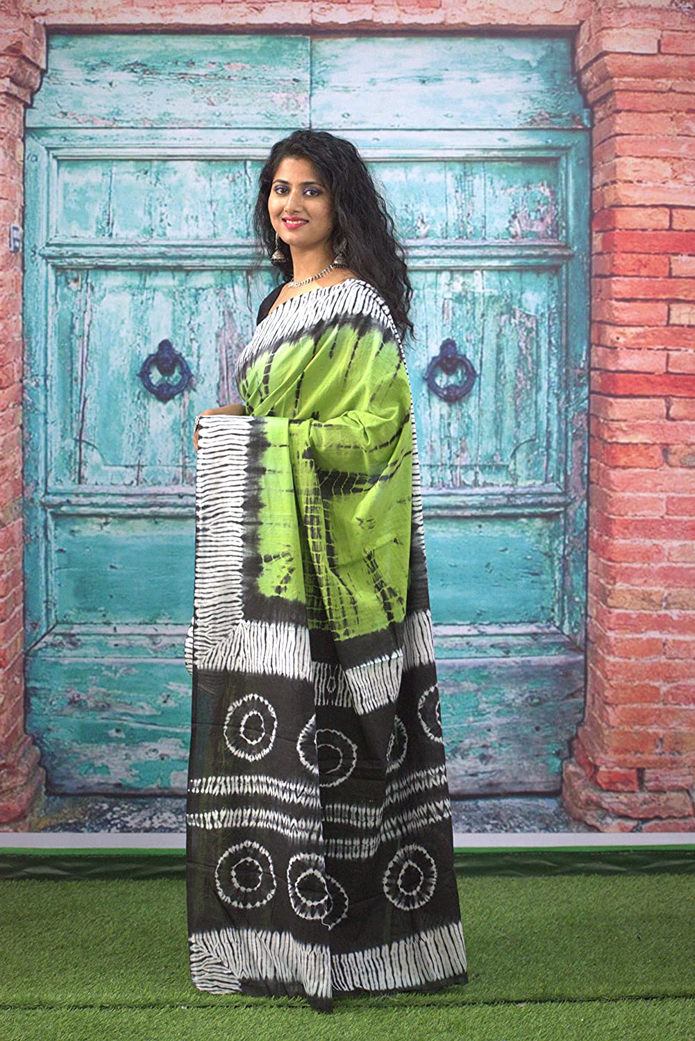 Printed Green Shibori Print Cotton MulMul Saree