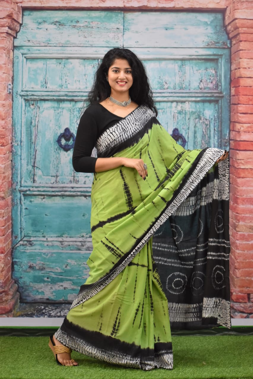 Printed Green Shibori Print Cotton MulMul Saree