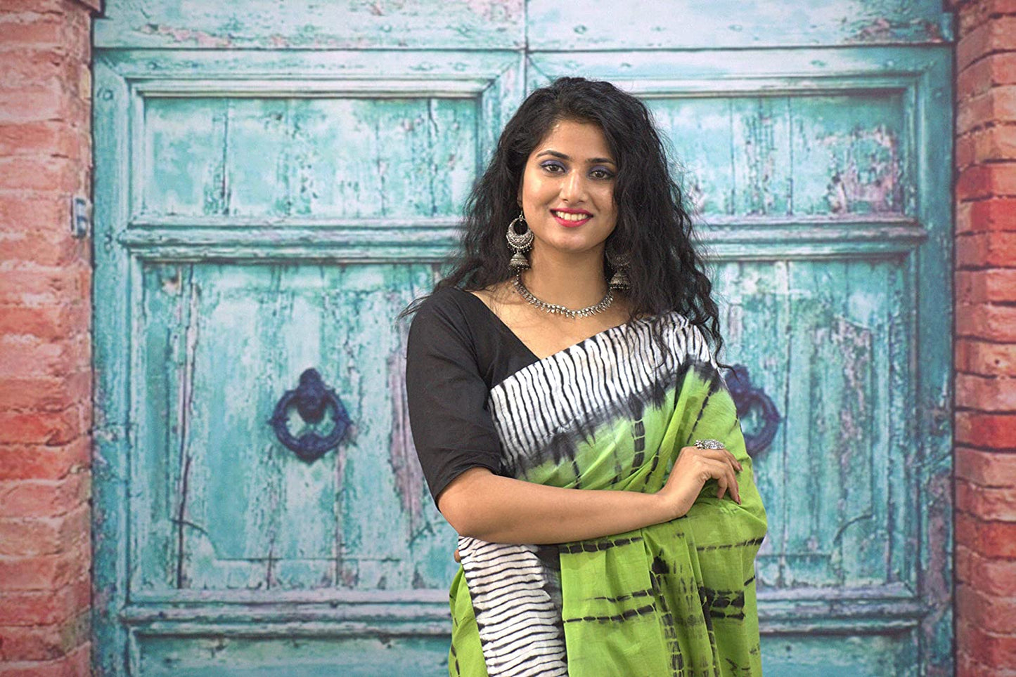 Printed Green Shibori Print Cotton MulMul Saree