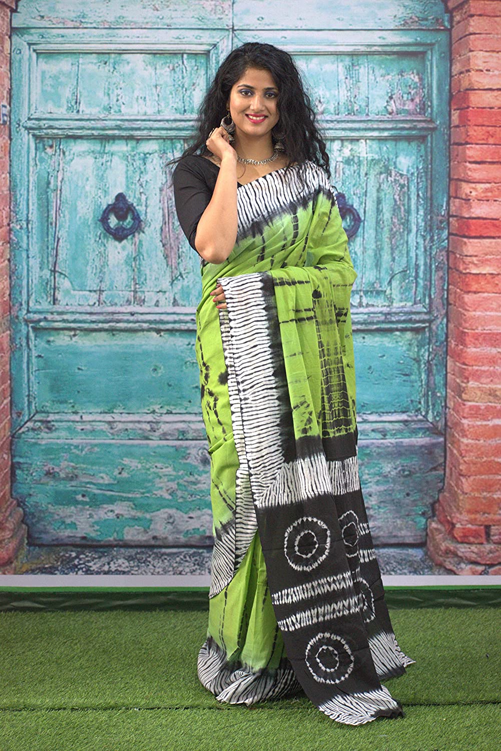 Printed Green Shibori Print Cotton MulMul Saree