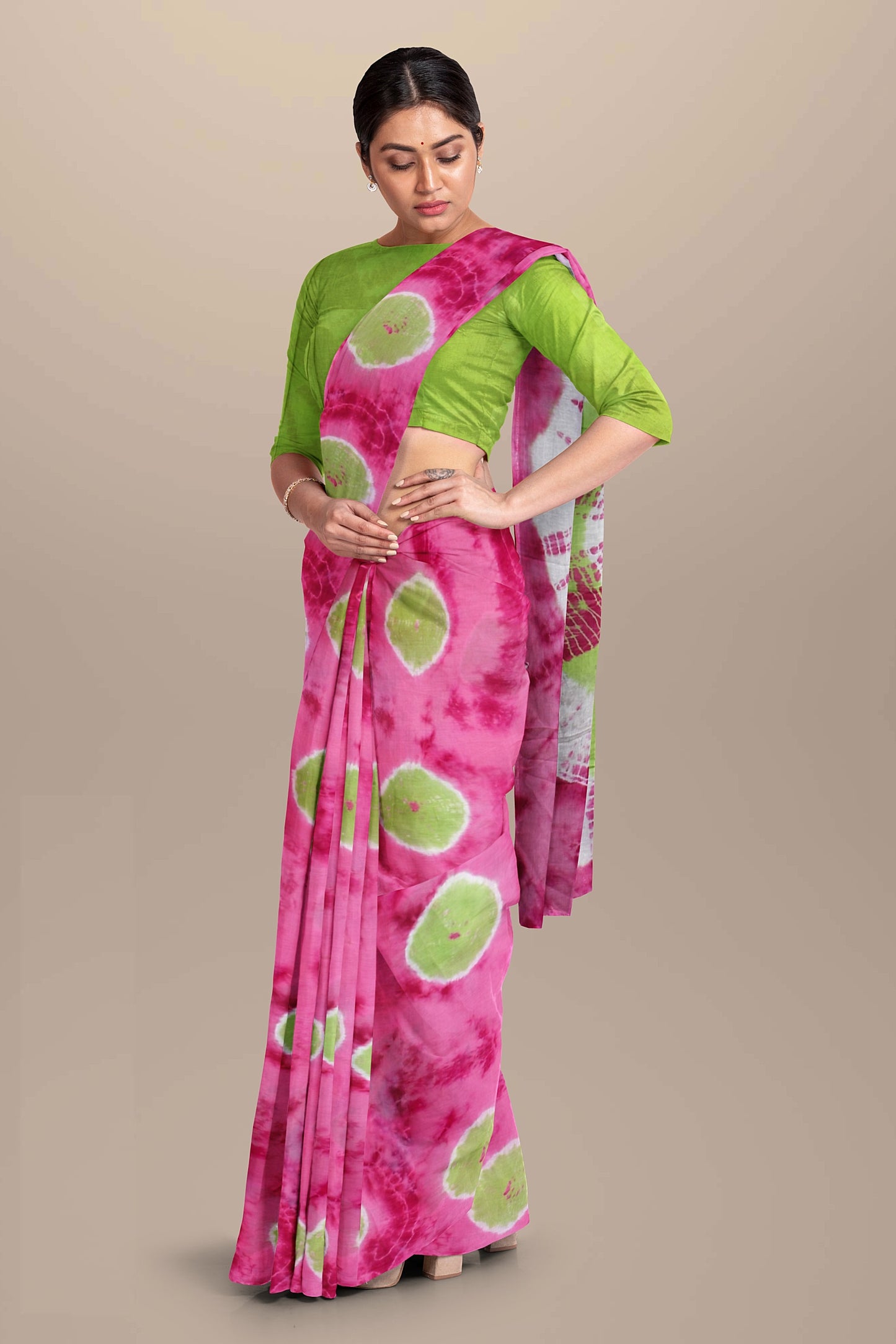 Printed Pink Shibori Print Cotton MulMul Saree