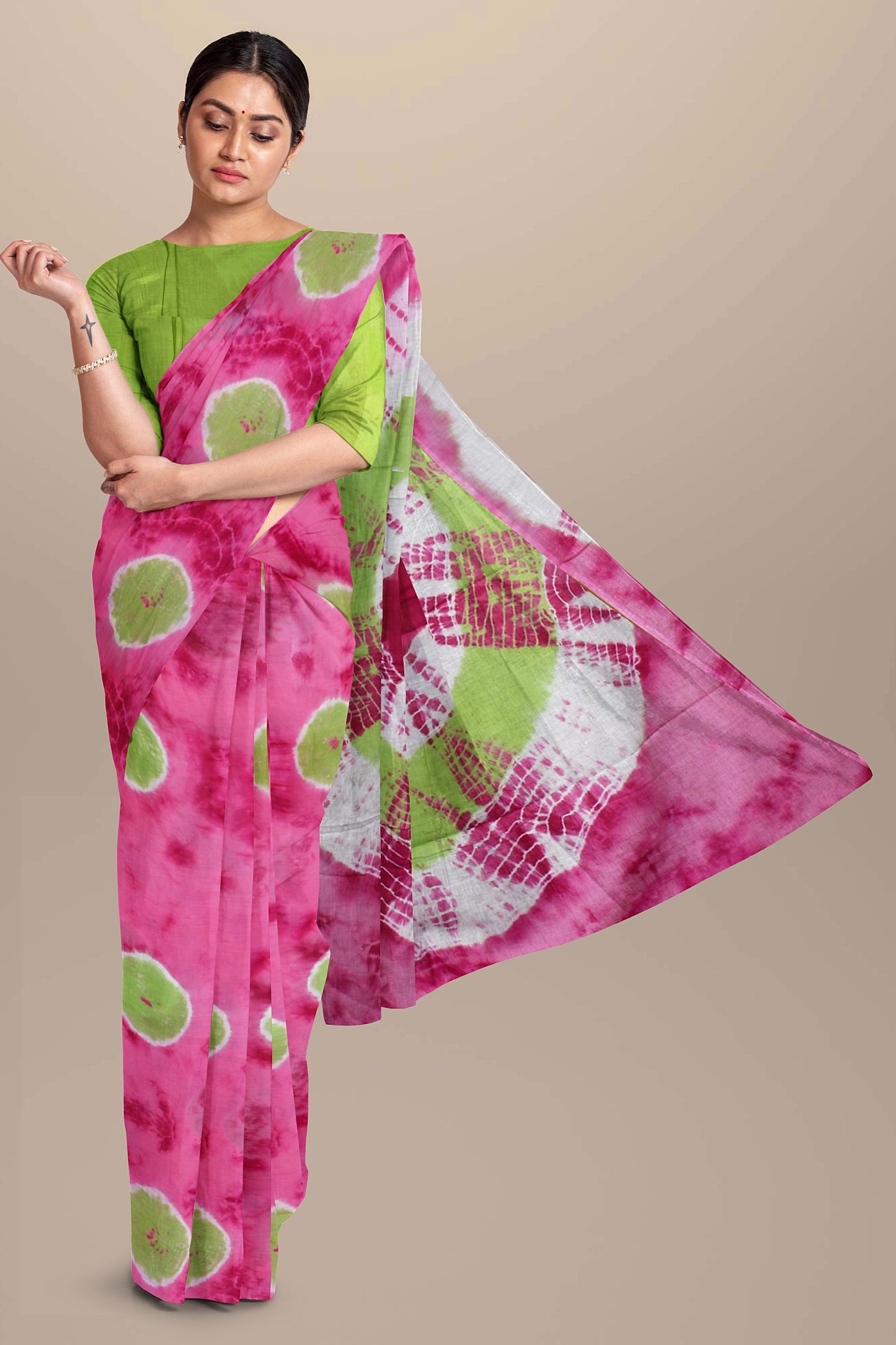 Printed Pink Shibori Print Cotton MulMul Saree