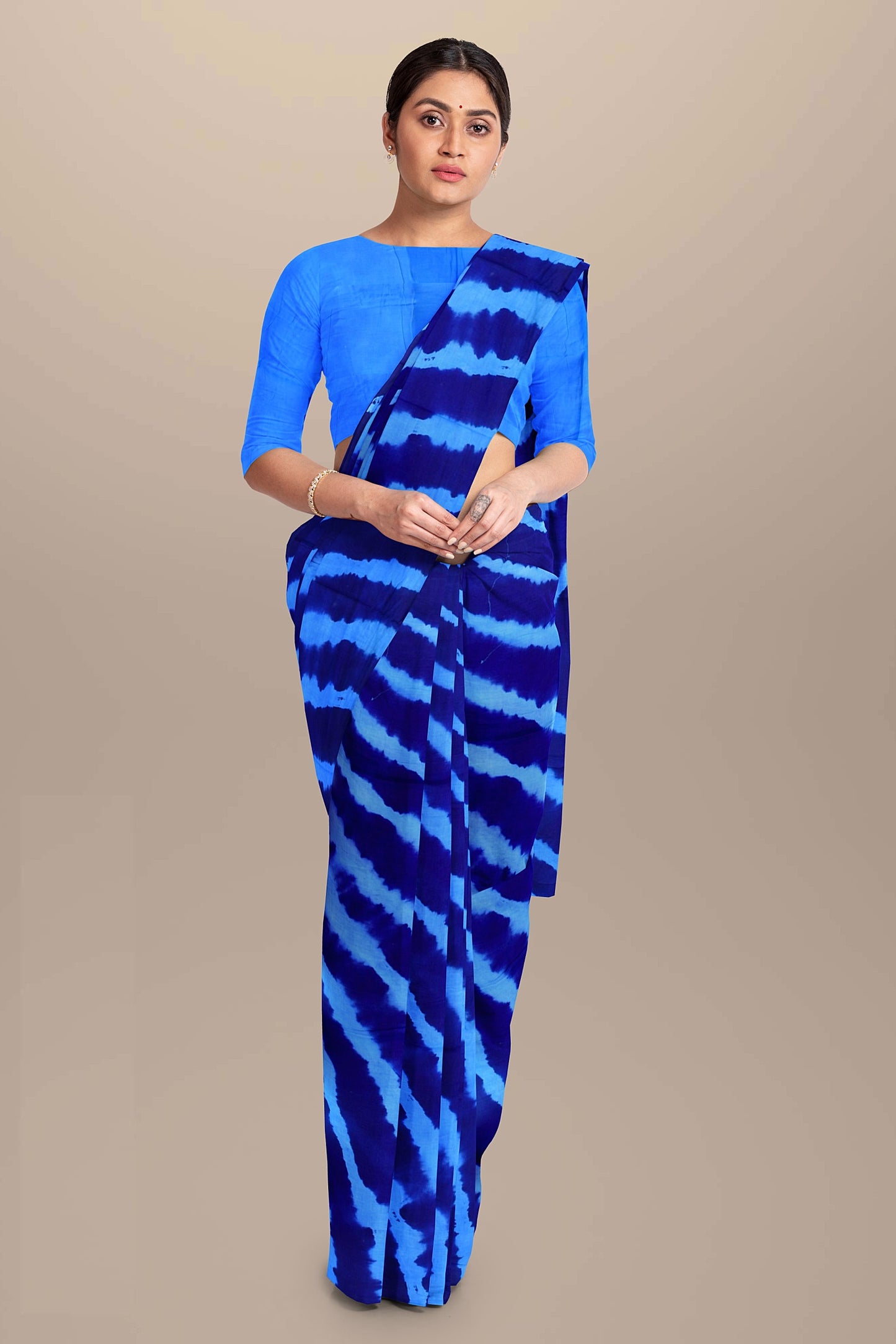 Printed Blue Shibori Print Cotton MulMul Saree