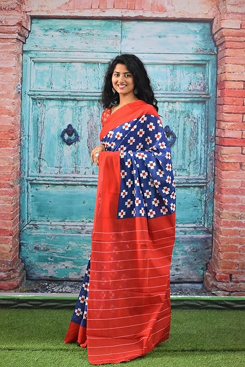 Printed Red Ikkat Print Cotton MulMul Saree